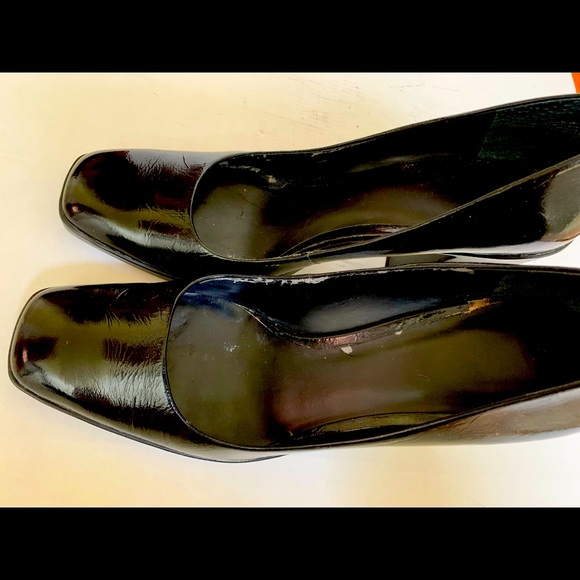 Black real patent leather square toe shoes with platform and light block heels - Picture 7 of 8